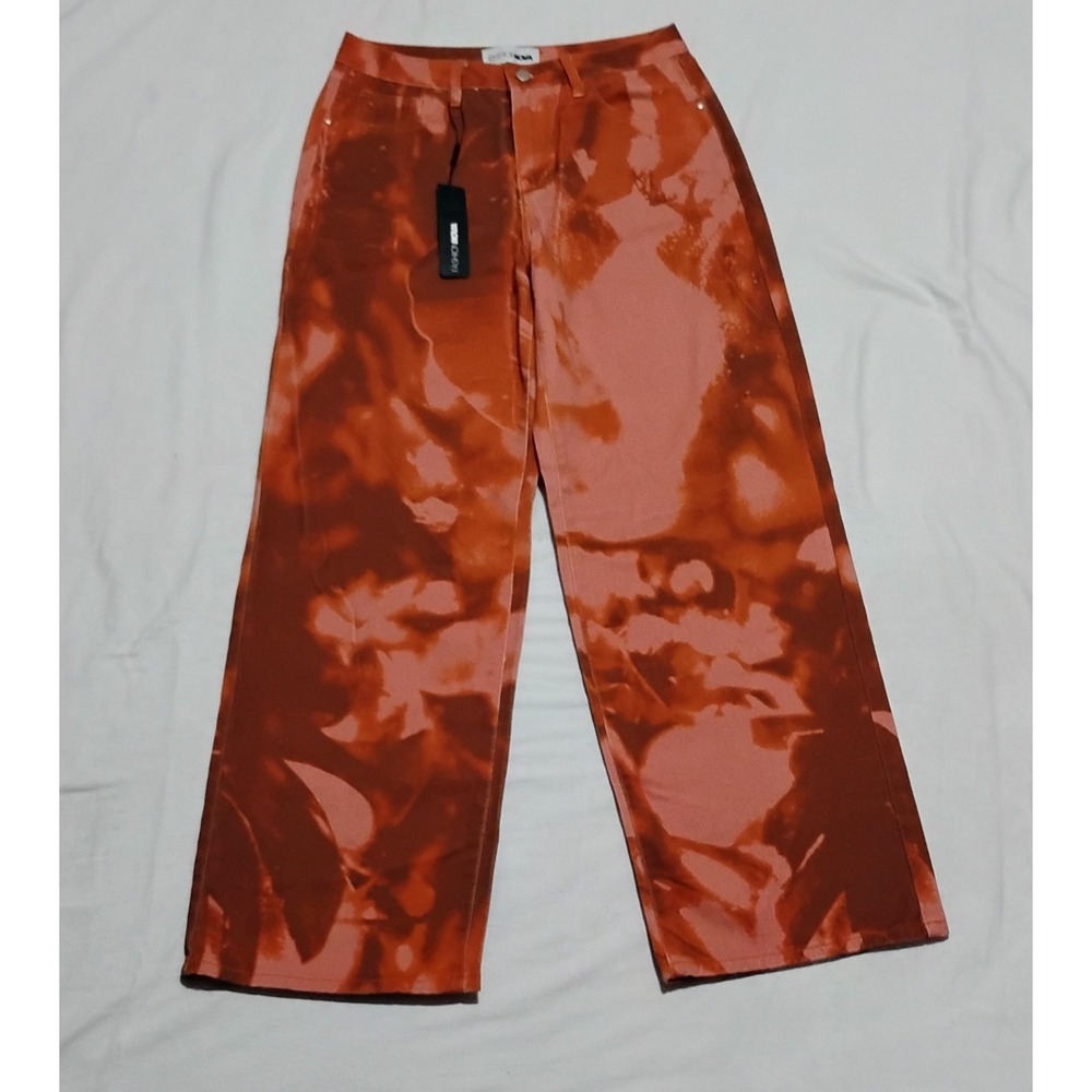 Fashion Nova Radiant Energy Women's Wide-Leg Tie-Dye Jeans Orange Denim 5-Pocket